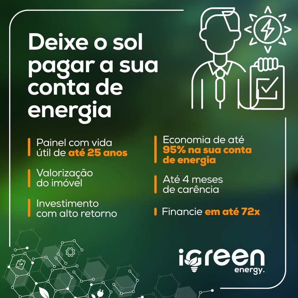 Conexão Placas iGreen Energy: economia de até 95% na sua conta de energia com usina solar própria. Compartilhe para outros imóveis.